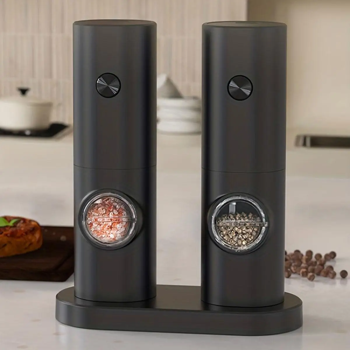 Electric Salt & Pepper Grinder Set, 1 Set Adjustable Coarseness Salt & Pepper Mill with Storage Base, Kitchen Seasoning Utensils for Home Dining Room