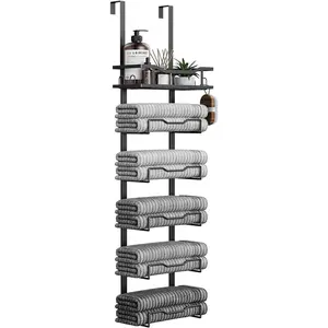 Hanging Towel Racks for Bathroom No Drill - 6-Tier Over The Door Bath Towel Storage Organizer for Small Bathrooms - Tiered Back of Door Towel Holder Hanger for Rolled Towels RV Camper Black