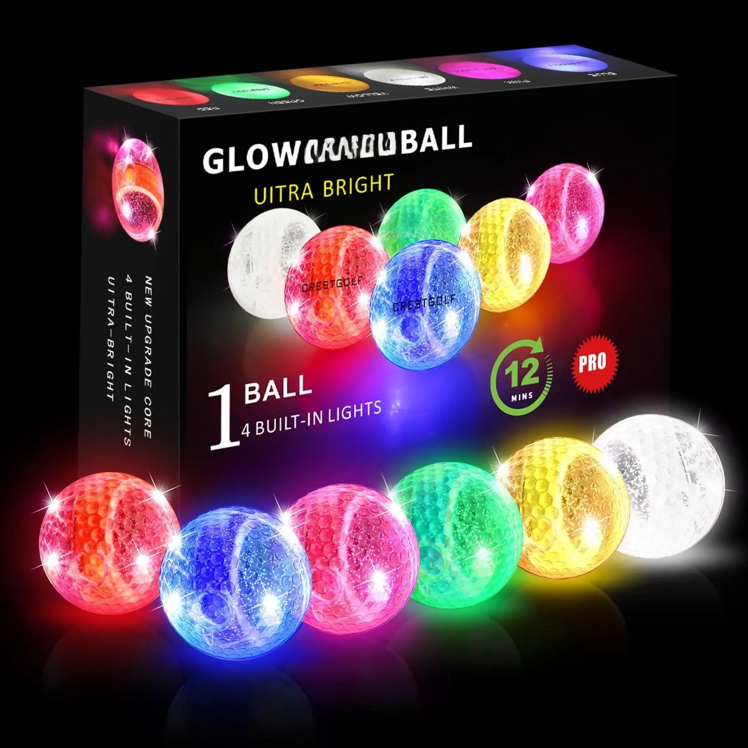 Unisex 6-Pack Glow-in-the-Dark LED Golf Balls - 4 Bright Lights, 12-Minute Timer, 3-Layer Synthetic Construction, Standard 42.67mm Size for Night Golf Play