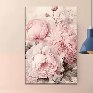 1pc Pink Peonies on Beige Canvas Painting - Large Blooming Flower Bouquet Abstract Floral Wall Art, Unframed Beige Background Pink Flower Decor for Living Room, Office, Cafe, Birthday & Valentine's Gift, Soft Pastel Pink Peony Flowers