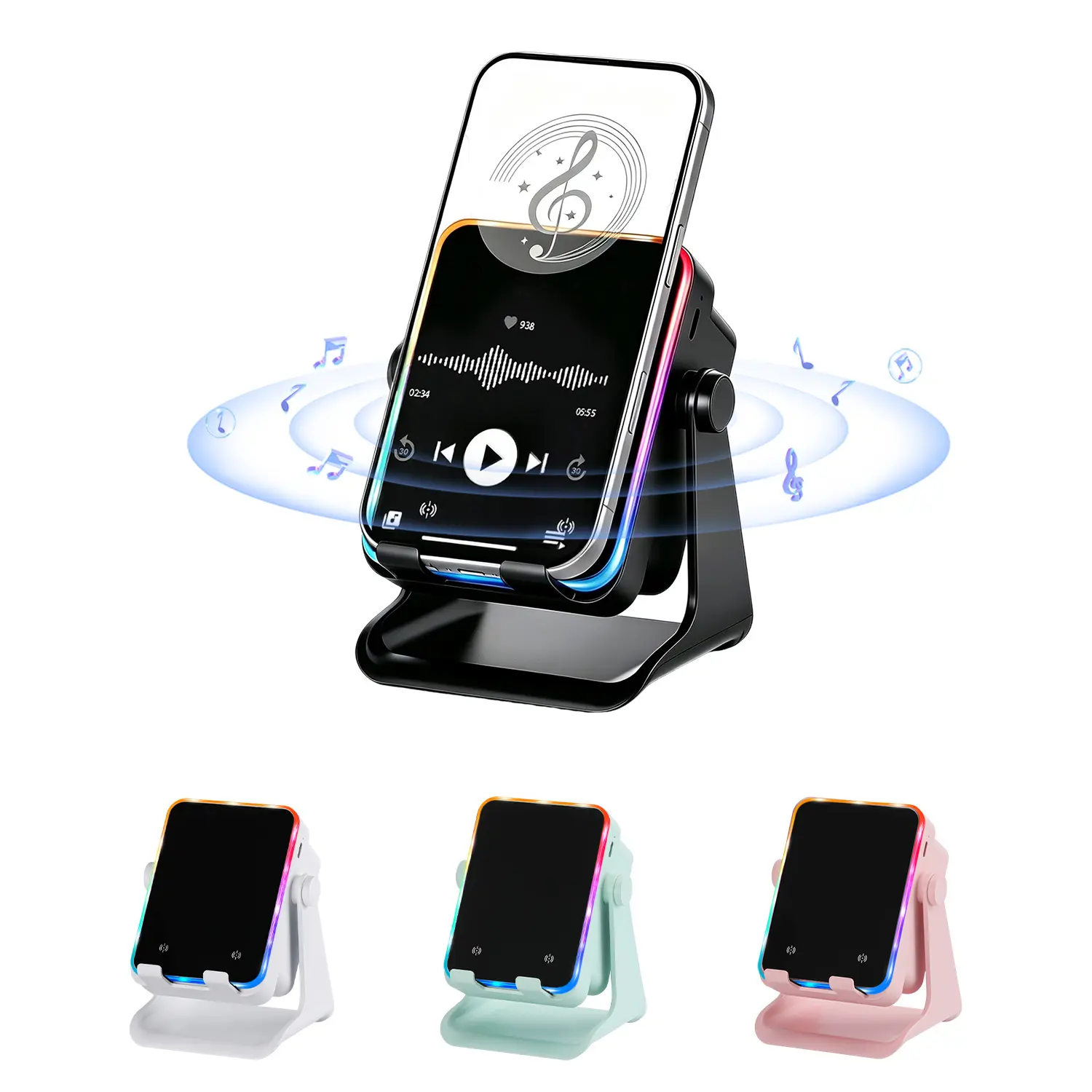 5-in-1 Wireless Induction Stereo Speaker Stand with Built-in 2000mAh Rechargeable Portable Charger, 360° Adjustable Phone Tablet Holder, Colorful Ambient Light, USB-C Electronic Gadgets Accessory, Soundsystem Culture Compatible with iPhone 11-18 & Android
