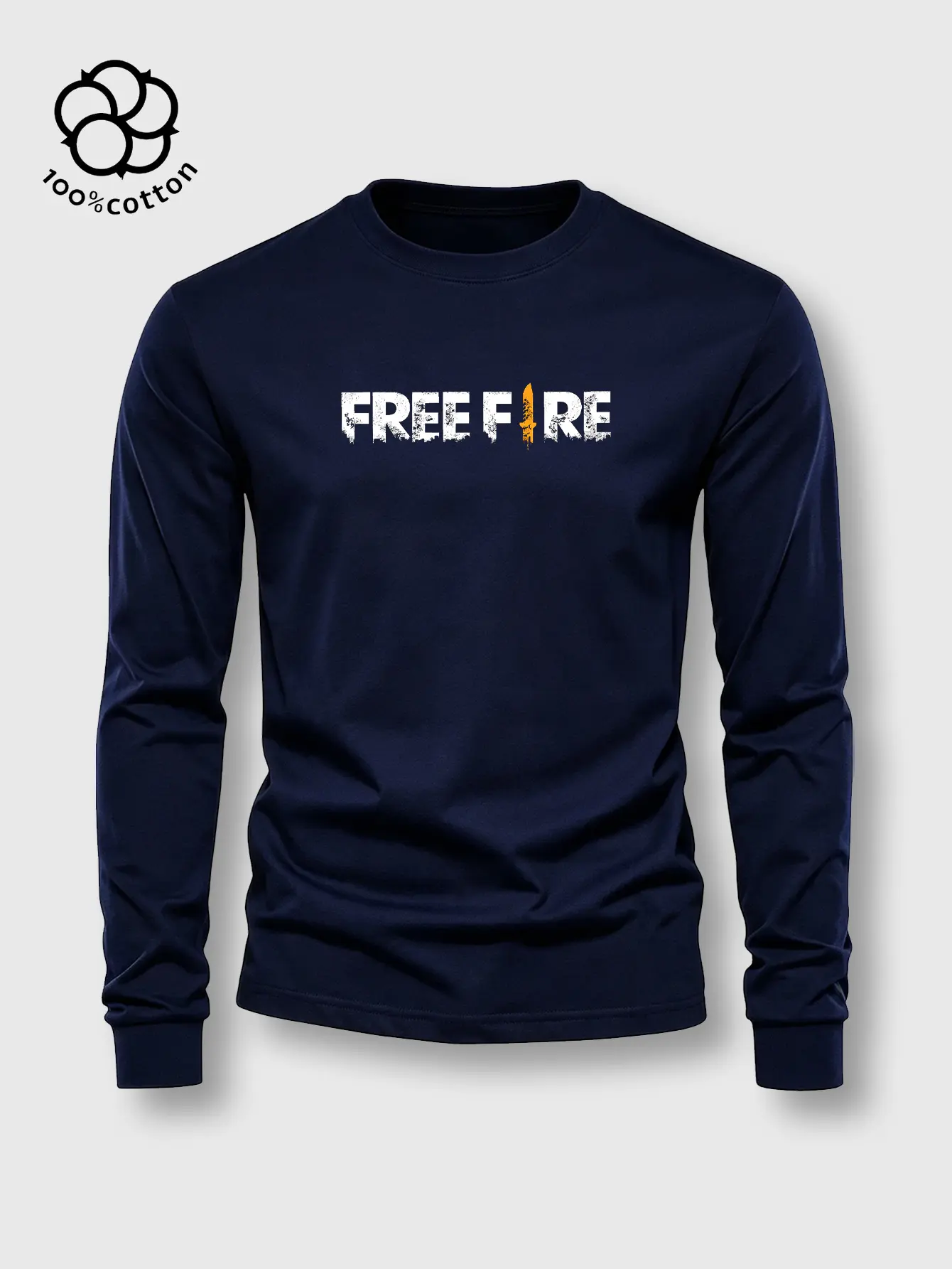 1pc Men's Pure Cotton Crew Neck Long Sleeve Graphic Tshirt - Ribbed Cuffs, Moderately Thick Fabric, "Free Fire" Print, Unisex All-Season Casual Basic Top, Ideal Holiday Gift