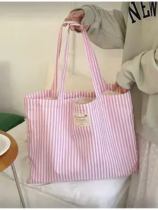 Vintage Striped Canvas Tote Bag for Women Large Capacity Shoulder Bag Casual Commuter Bag Daily Commuting Bags Travel Shopping Red White Striped Multi-functional Washer-friendly No Buckle Design Daily Use