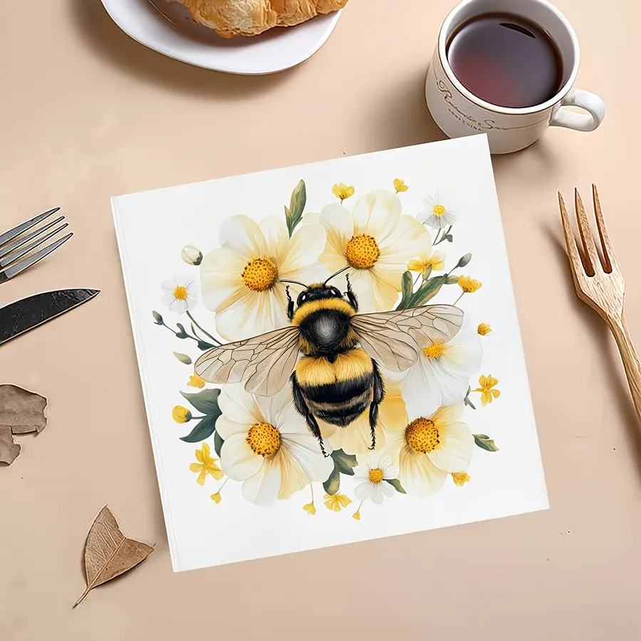 20pcs Bohemian Bee Floral Paper Towels, Party Napkins, Watercolor Design, 16.5cm, Perfect for Spring Tea Party, Wedding, Farmhouse Table Setting