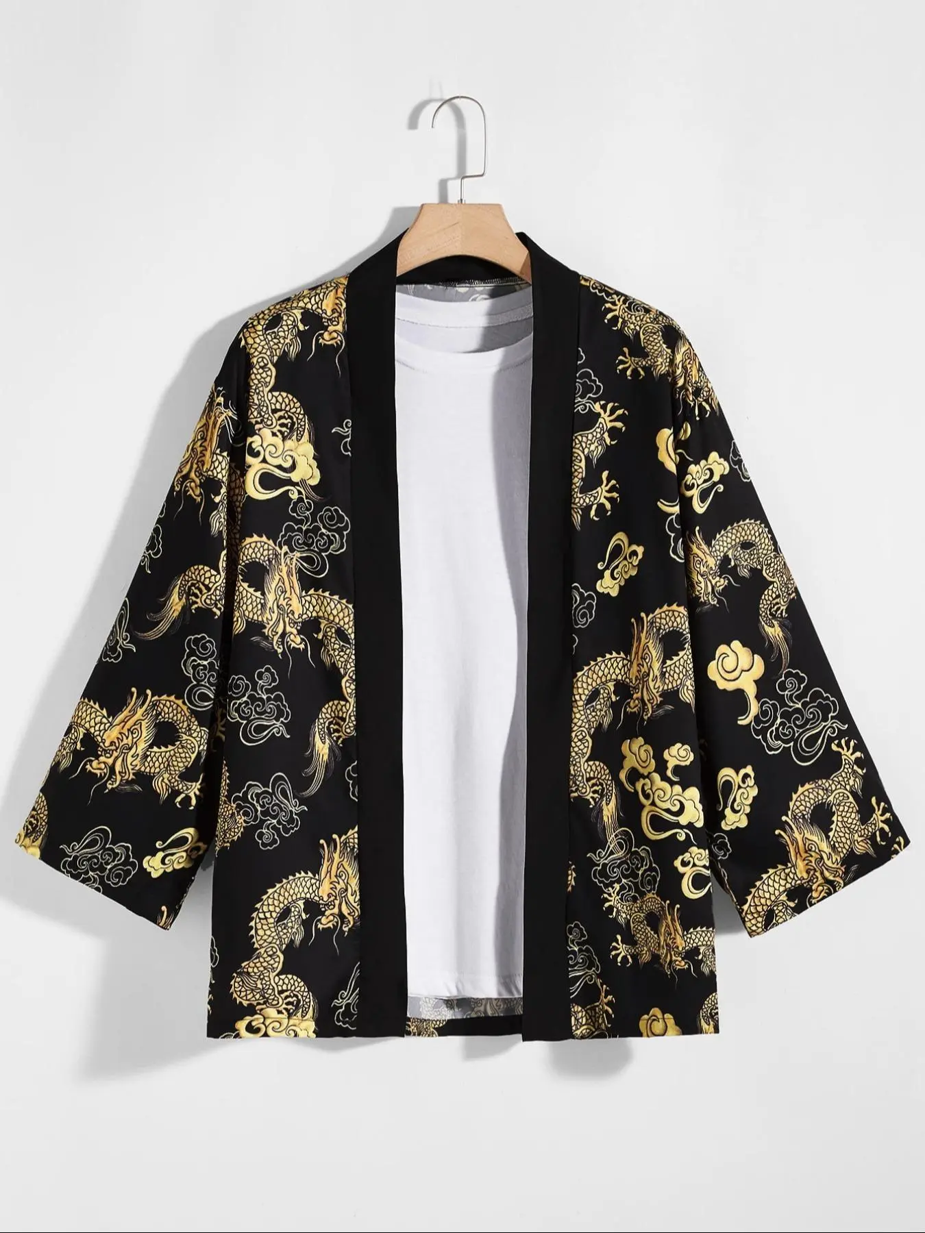 Men's Dragon Print Open Front Lounge Blazer, Loose Casual Comfy Long Sleeve Outerwear for Daily Wear, Men's Sleepwear & Loungewear for All Seasons