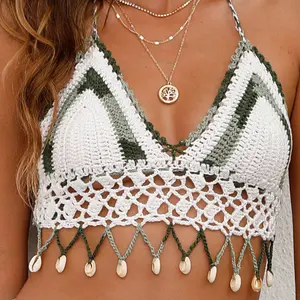 Summer Seaside Top with Tie-Dye Shell Patchwork Handmade Crochet Fringe Bikini Beach Top for Stylish Outings