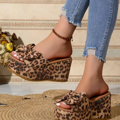 Women's Velvet Bow Shoes, Leopard Print Wedge Sandals, Casual Round Toe, EVA Sole, All-Season Wear, Indoor/Outdoor, Fashionable Footwear