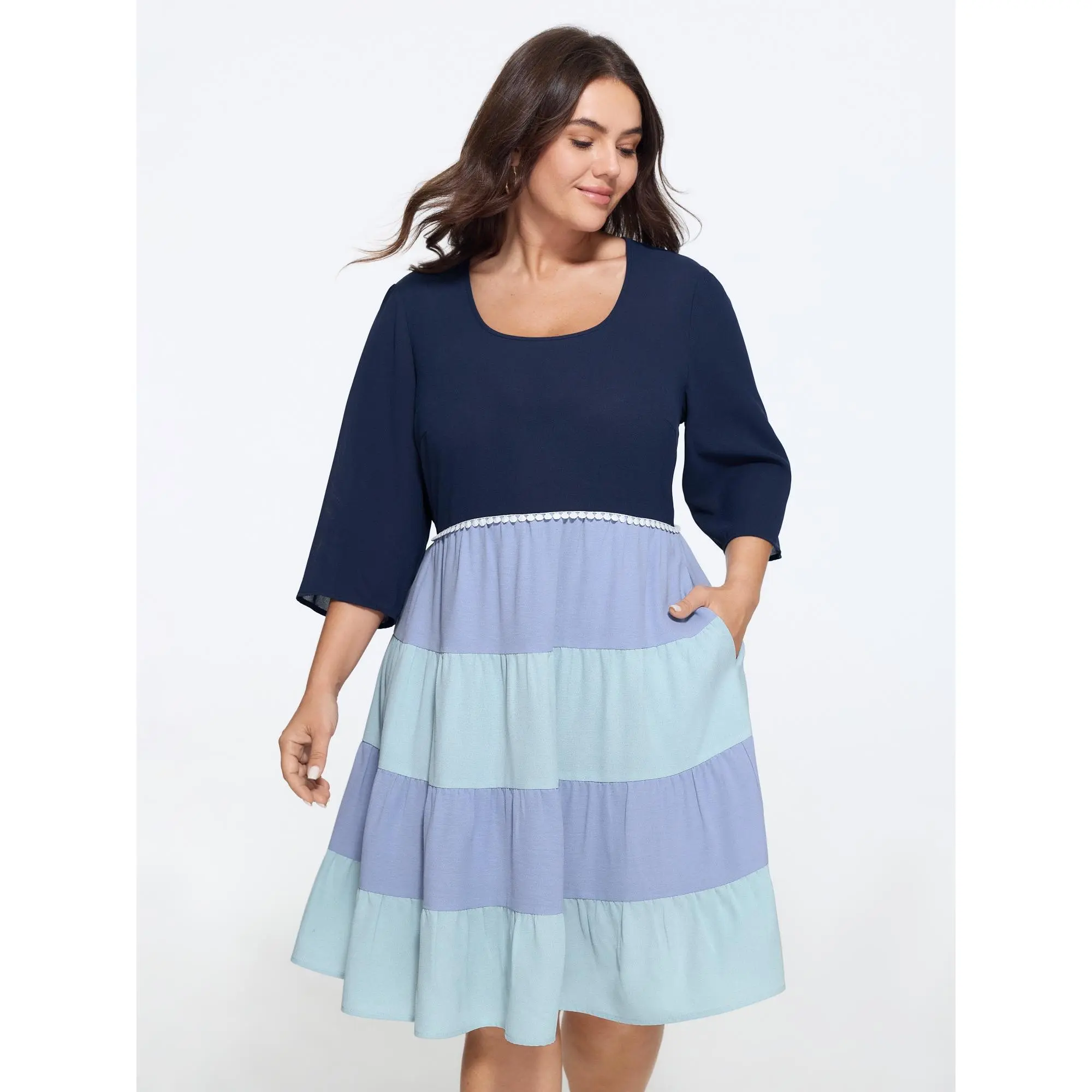 BLOOMCHIC Women's Plus Size Fit Polyester Casual Dress - U-Neck, Regular Sleeve, Smooth Fabric, Color Block, Tiered Mini, Pocket, 2026 Summer Garment [M-6X], Multicolor