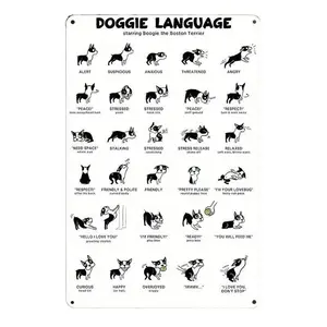 Vintage Metal Sign, a dog language chart designed in a 2D flat style, ideal for puppy training. This rustic iron sign is easy to install and perfect for decorating homes, bars or dog kennels.Size 8×12 inches garage