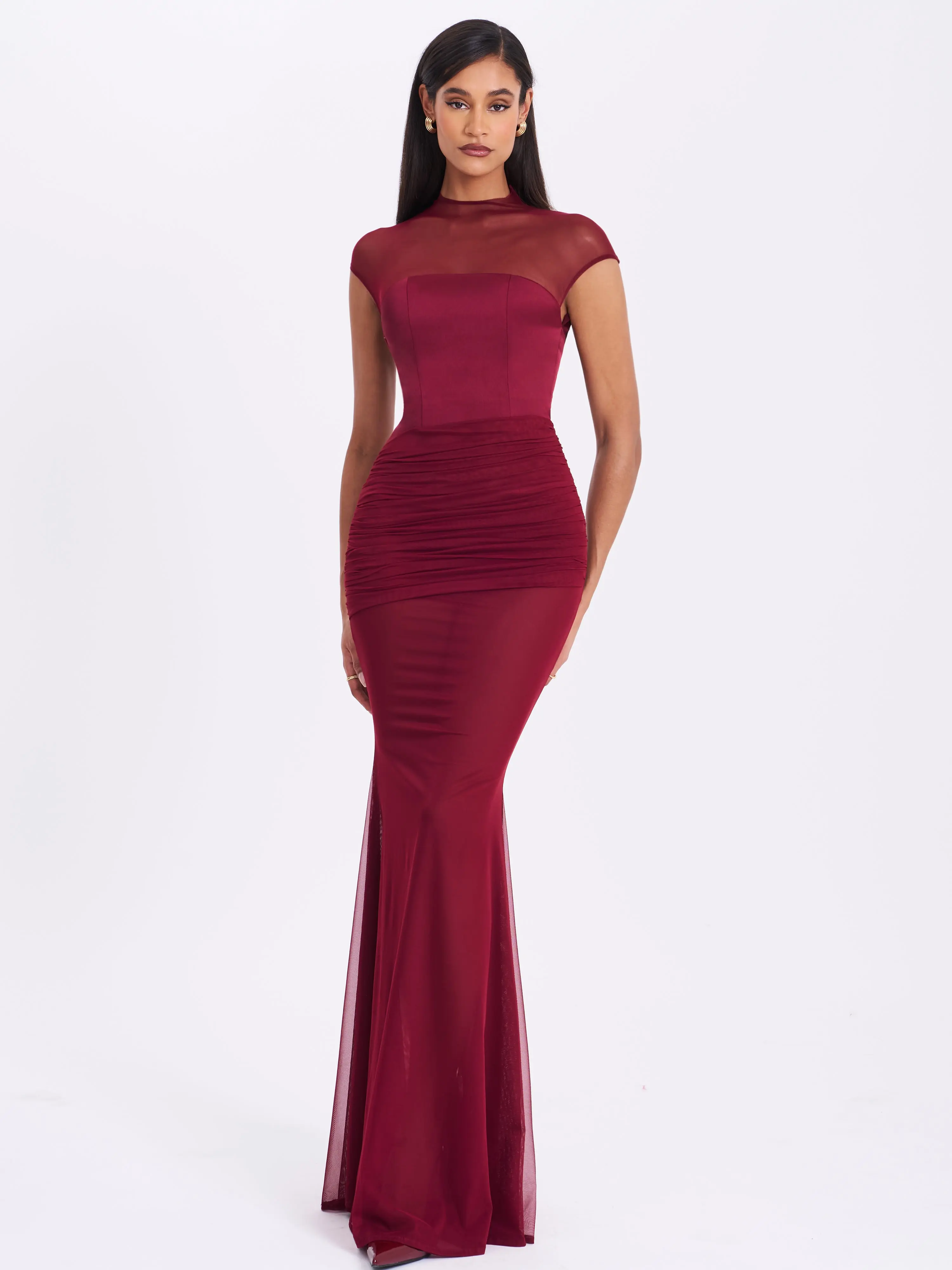 Fabienne Burgundy Mesh Cap Sleeve Mermaid Gown