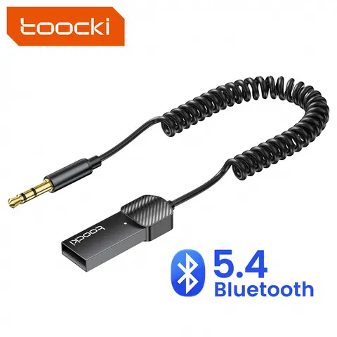 Toocki Car Bluetooth 5.4 Receiver Hi-Fi Sound Quality Auto Connection Built-in Microphone Support Hands-Free Calls and Navigation TPU Spring Cable Stretch at will USB power port 3.5mm audio plug Suitable for headphones, car audio, etc