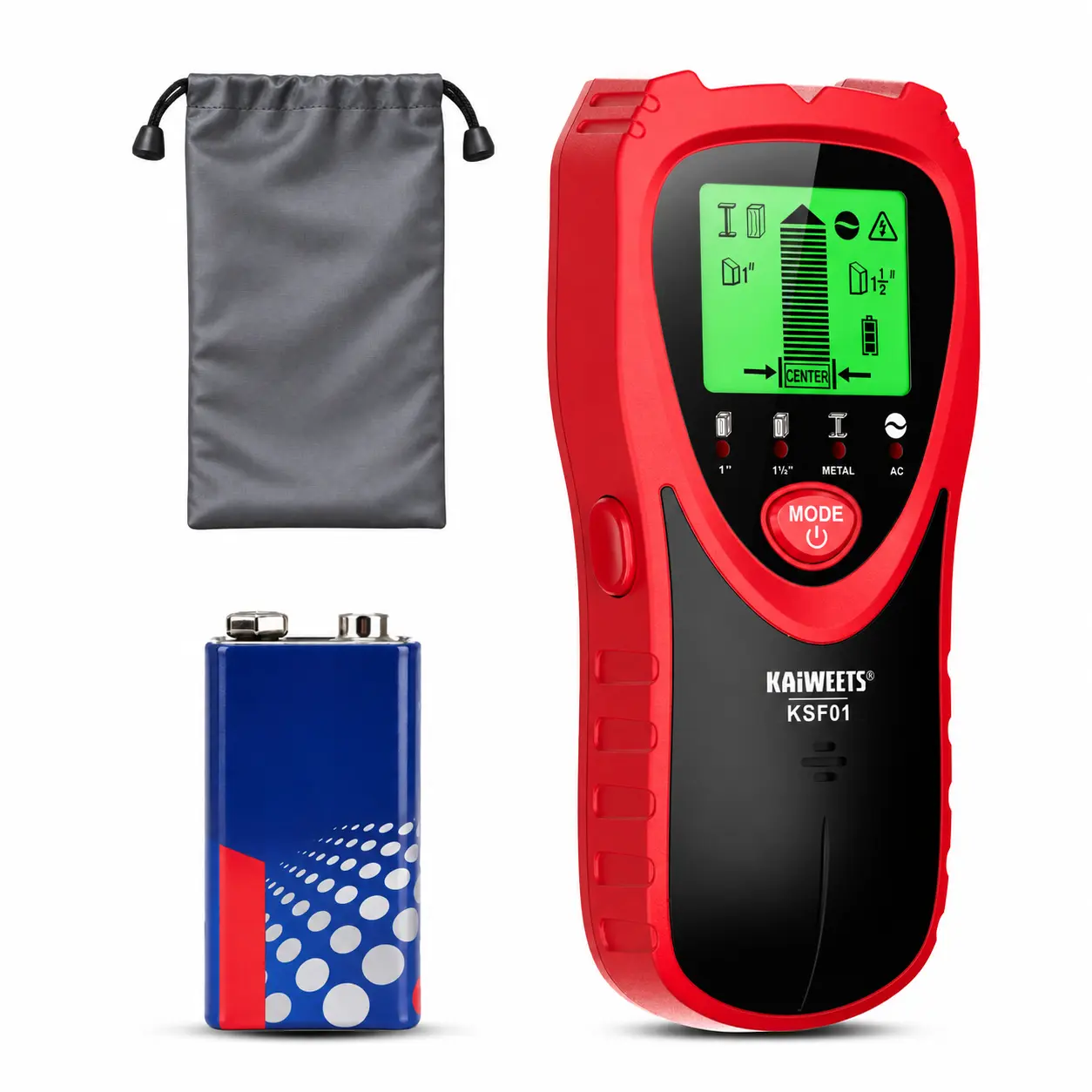 KAIWEETS KSF01 Wall Detector Stud Finder, 5-in-1 Wood Stud, Metal and Live AC Wire Scanner with 3-Color LCD, Auto Calibration, Center Finder and Audible Alert, Home Improvement Tool