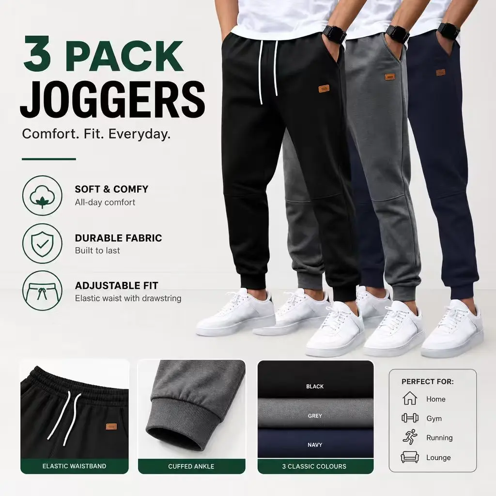 Men’s 3-Pack Jogger Sweatpants - High Waisted, Solid Plain, Sporty Chic, Snug Fit, Drawstring Waistband, Minimalist Style for Workouts, Home Wear, Back to School