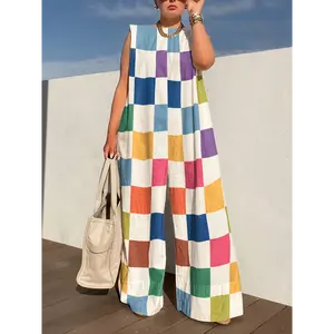 Loose Sleeveless Contrast Color Plaid Jumpsuits