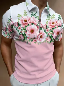 Pink Floral Print Men's Short Sleeve Polo Shirt, Summer Casual Breathable Lapel Top