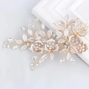 SWEETV Light Rose Gold Wedding Clip Rhinestone Bridal Comb Barrette - Handmade Flower Clip Head Pieces for Women