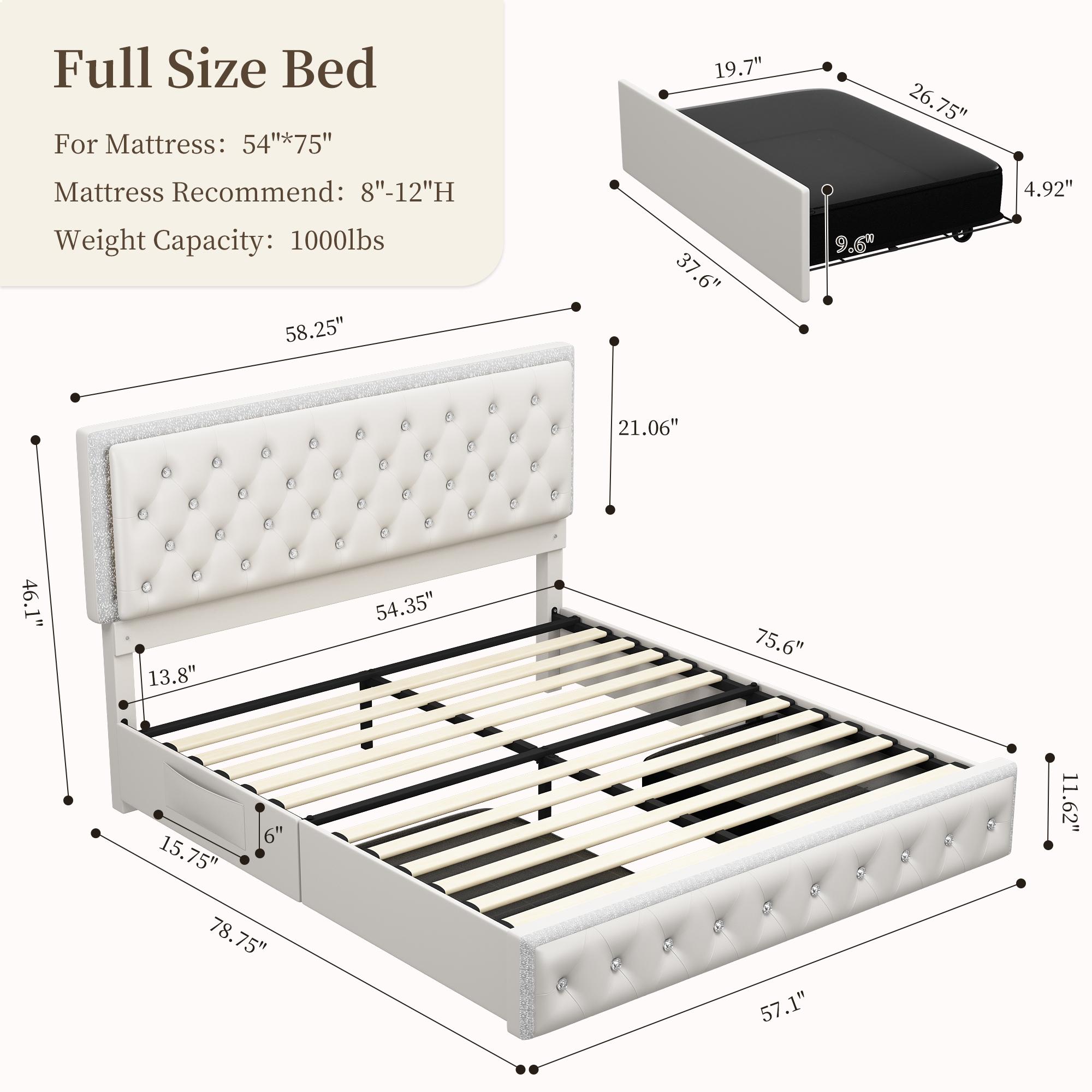 Queen Size Upholstered LED Bed Frame with Smart LED Lights,Storage Drawers &Crystal Tufted Headboard, Noise-Free, No Box Spring Needed,PU White