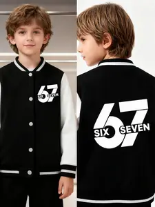 Sixseven Digital 67 Patterned Boys And Girls Spring/Autumn New Style Cool Baseball Jacket Sweater Coat, Fashionable, Casual, Comfortable, Daily Outdoor Versatile Top, Ideal Gift Choice, Button Front Jacket