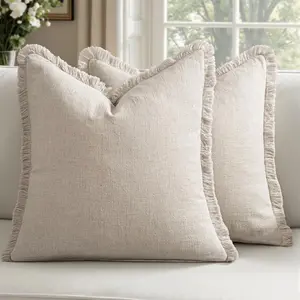 Decorative Throw Pillow Covers Boho Farmhouse Soft Cushion Covers Pillowcases with Tassels for Living Room Couch Sofa Bed Chair,20x20 Inch Set of 2,Beige