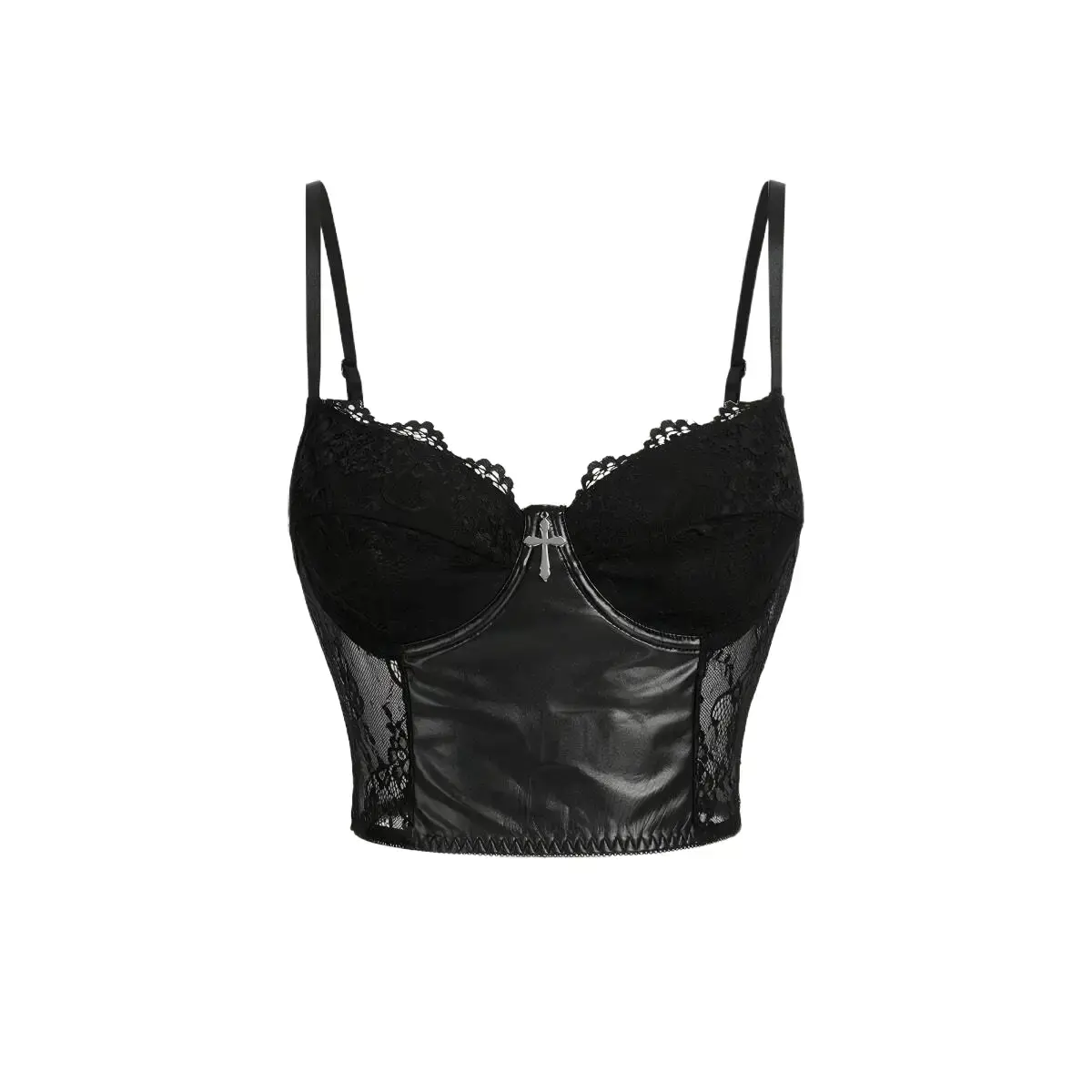 Women's Lace and PU Leather Bralette Corset Top - Sexy Lingerie with Adjustable Straps, Ideal for Date Nights & Intimate Wear