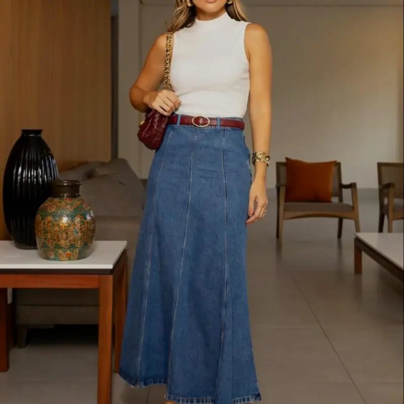 Casual Stretchy Elastic Washed Flared Denim Skirt, Loose-Fitting Plain Skirt, Women's Summer Wear for Daily Wear & Date Bottoms, Casual Fashion Skirt