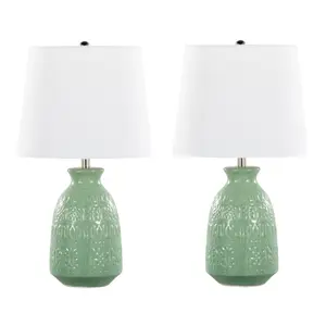 Claudia 20" Contemporary Ceramic Accent Lamp in Sage Green Ceramic, Polished Nickel Accents and White Linen Shade from Grandview Gallery by LumiSource - Set of 2