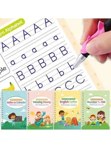 Reusable calligraphy practice set, including 4 calligraphy practice books, 1 pen, 6 refills and 1 pen grip, school and educational supplies