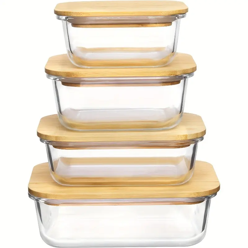 4-piece BPA free glass food storage container with bamboo lid - suitable for microwave, ovens, freezers, and dishwashers, Reusable Stackable to save space for kitchen organization, perfect for preparing meals