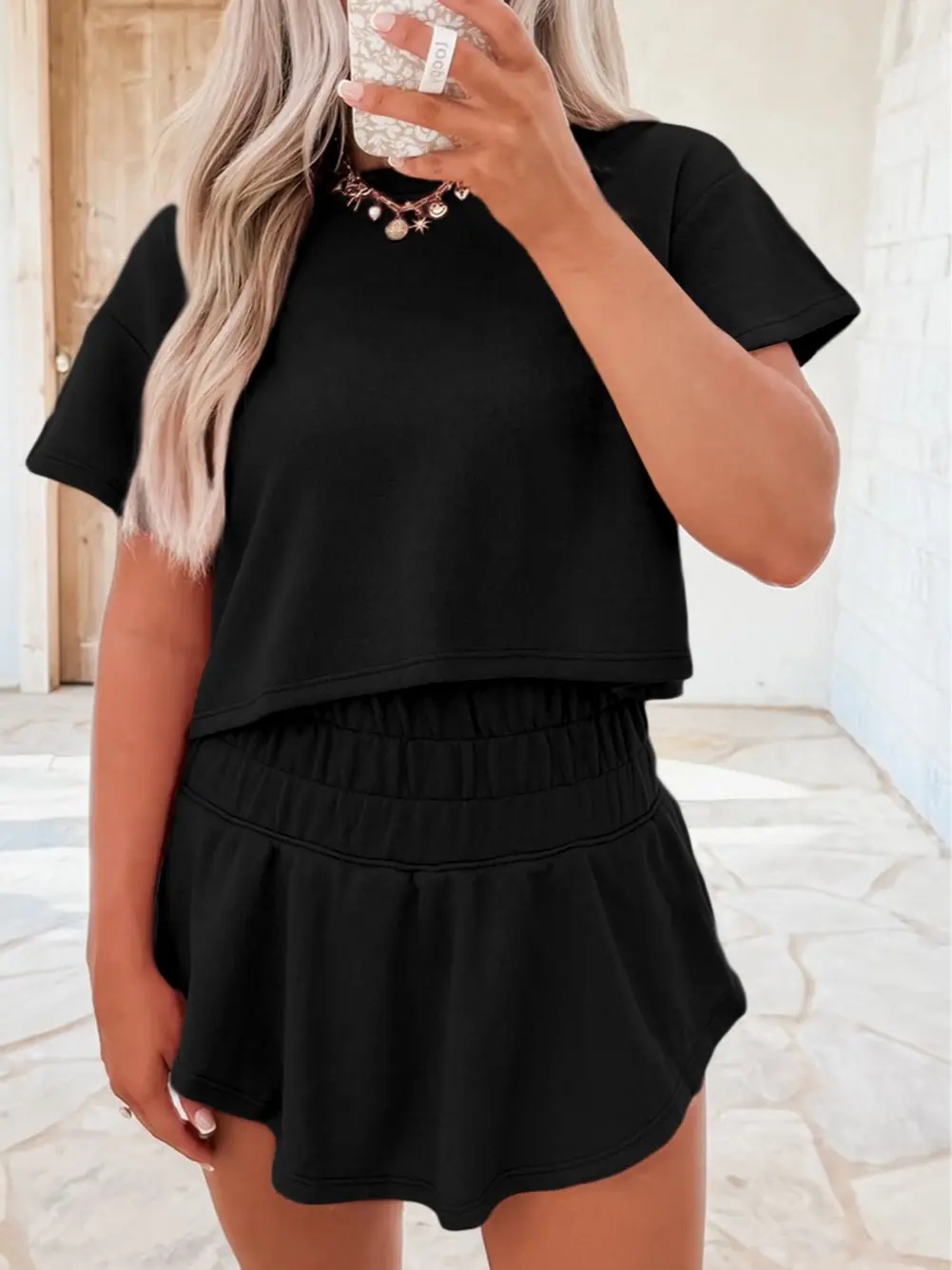 Lady's 2-Piece Casual High-Waist Skort Clothes Set - Basic Cotton-Polyester Fabric, Cropped Tee with Ruffle Sleeves, Women's Short-Integrated Outfit
