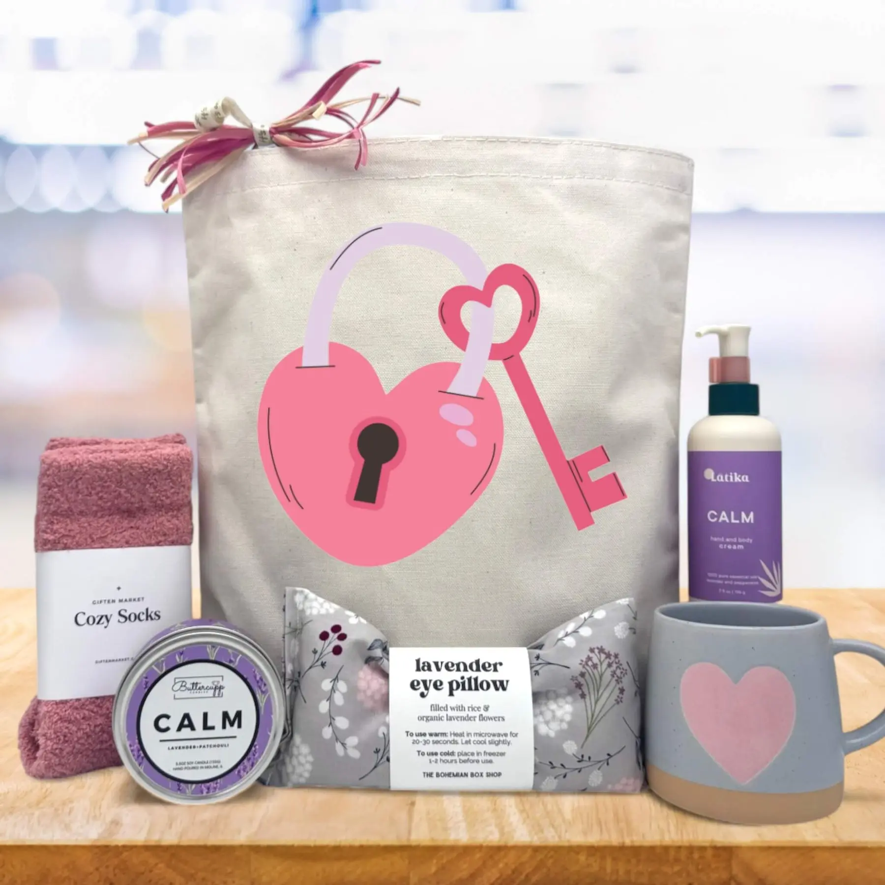 itsonlynaturalgifts Key To My Heart Valentine's Day Gift Basket with Cozy Socks, Lavender Eye Pillow, Calm Candle, and Heart Mug