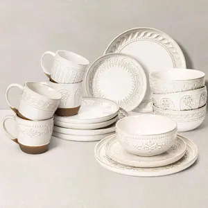 16-Pc Dinnerware Set for 4 Textured Ceramic Plates & Bowls Dishwasher & Microwave Safe Unique Embossment Patterns Perfect for Family Dinners & Everyday Use Kitchenware Cutlery Tableware