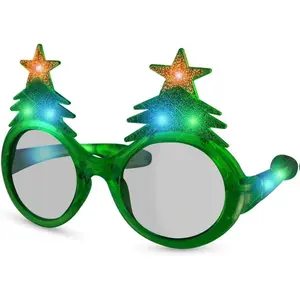 Glitter Christmas Tree Light Up Flashing LED Sunglasses for Festivals Holiday Parties & More with 3 LED Light Functions