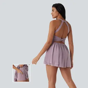 Halara Backless Twisted Mesh 2-in-1 Mini Dance Active Dress with Side Pocket