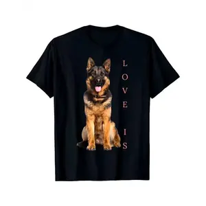 Unisex German Shepherd LOVE IS Slogan Graphic T-Shirt, Vintage Crew Neck Short Sleeve Regular Fit Breathable Cotton Tee, All Season Casual Sports Outfit, Perfect Gift for Dog Lovers Family Friends