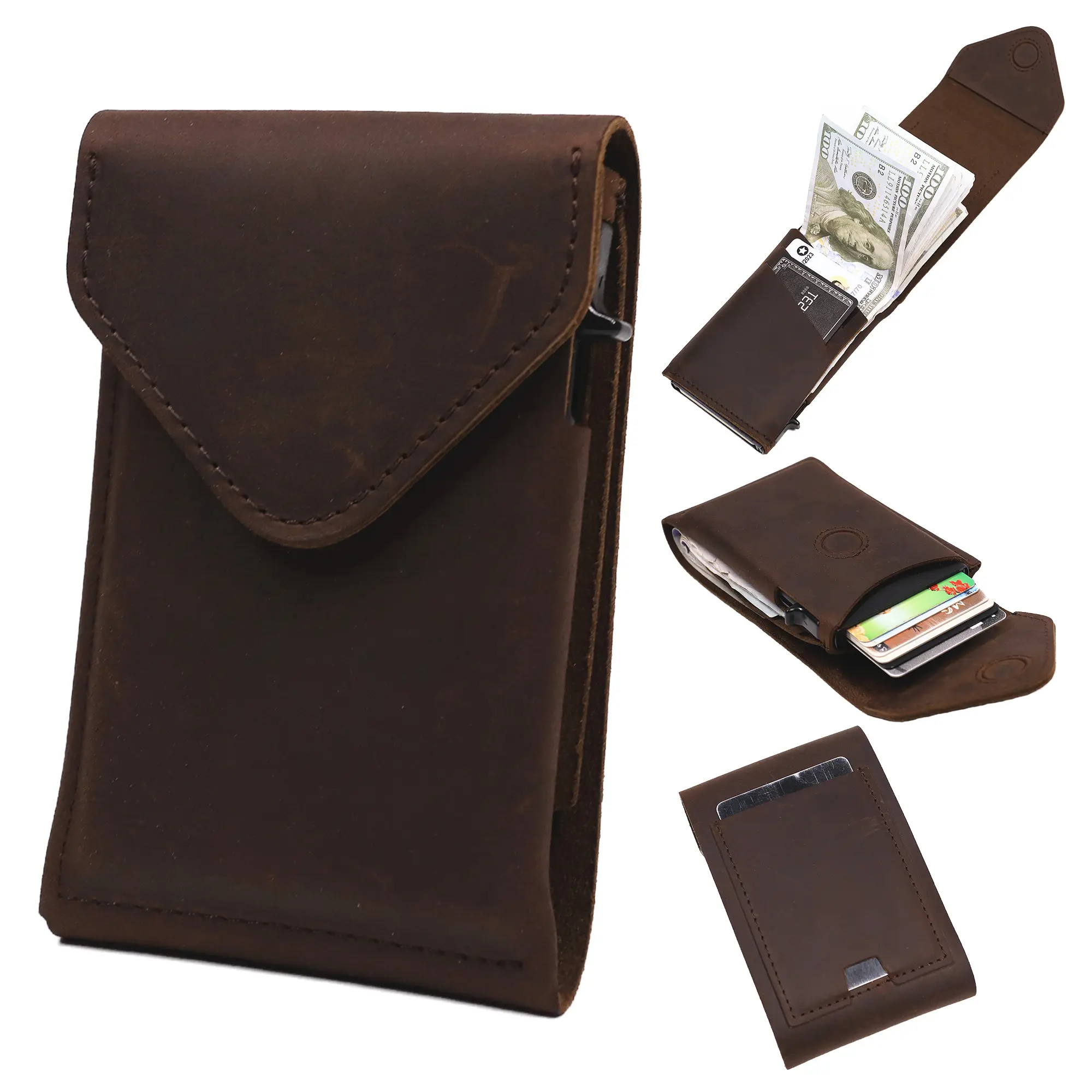Full Grain Leather Wallet for Men with Rfid Blocking Pop Up Card Holder Box - Slim Flap Cash Wallet