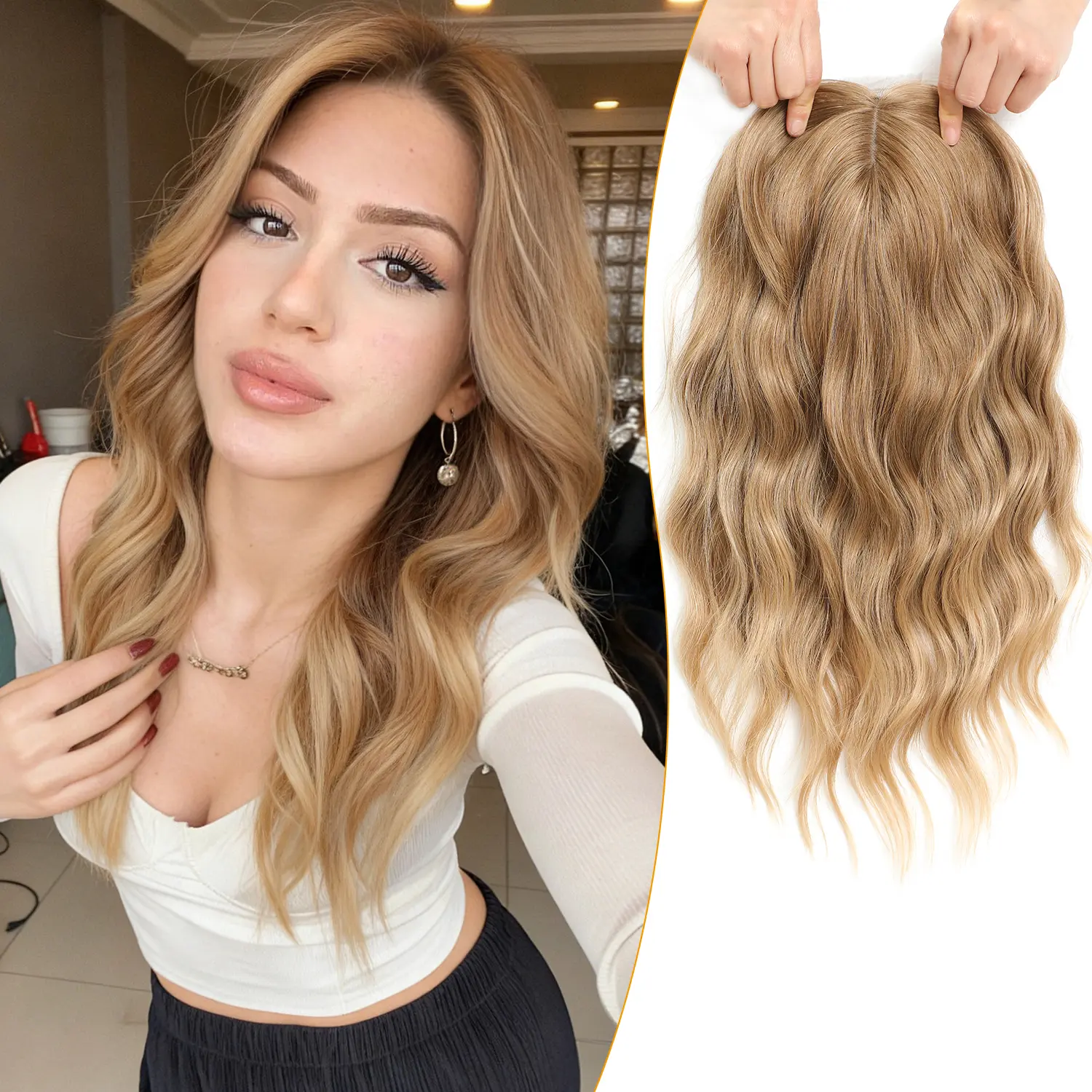 PANEWAY 16 Inch Curly Wavy Hair Topper for Women – Lightweight Clip-In Hair Topper, Natural Scalp Appearance, Seamless Coverage, Instant Volume for Thinning Hair