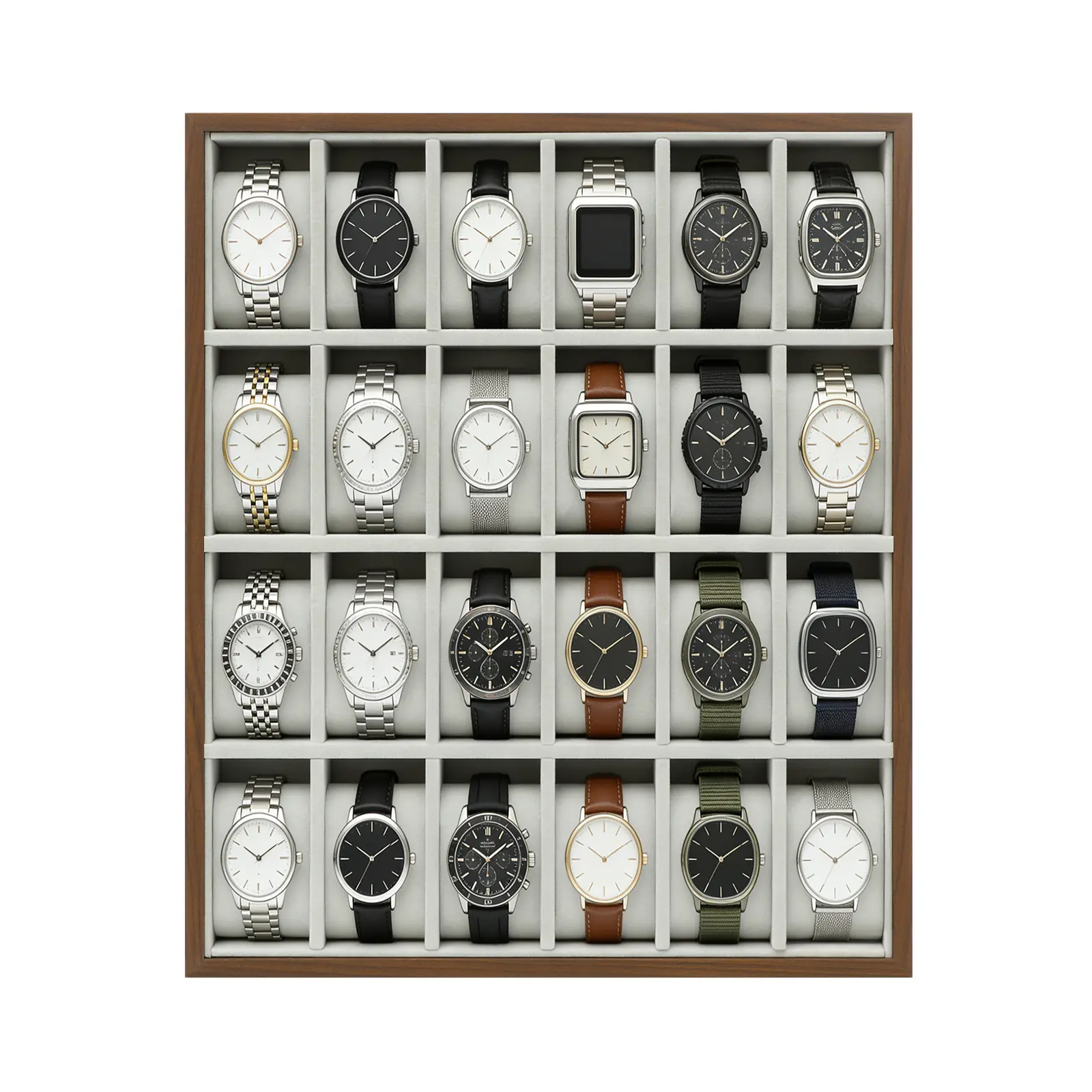 24-Compartment Walnut Wood Grain Wooden Watch Box with Removable Watch Pillows, Semi-Open Design Watch Display Case, Soft Flannelette Lining Protects from Scratches & Dust for Home Dresser Closet Gift for Men Women Father Son High School Graduation Gift