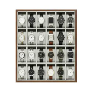 24-Compartment Walnut Wood Grain Wooden Watch Box with Removable Watch Pillows, Semi-Open Design Watch Display Case, Soft Flannelette Lining Protects from Scratches & Dust for Home Dresser Closet Gift for Men Women