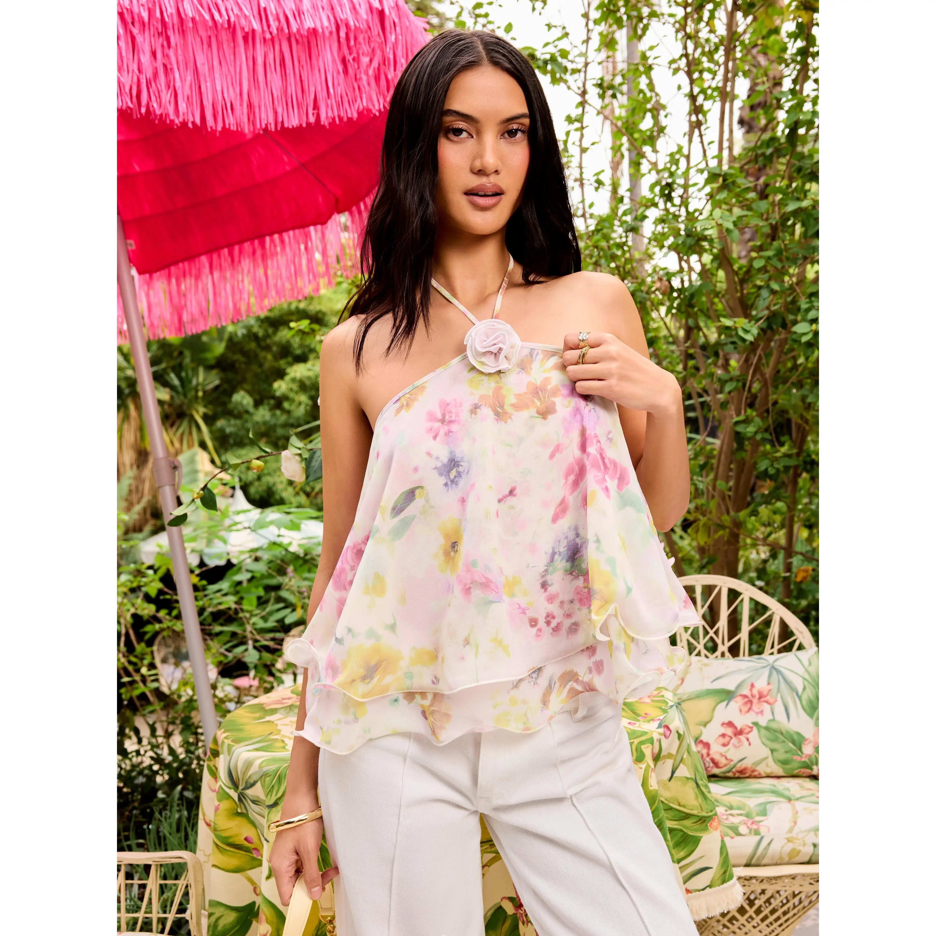 Pink flower halter neck top small brand - TikTok Shop