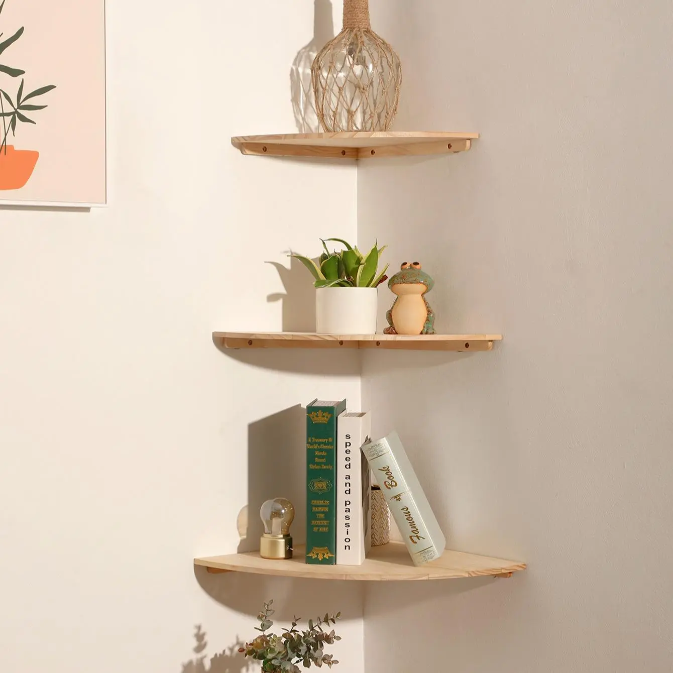 Wooden Wall Corner Shelf, 1 Count Multifunctional Book Storage Rack, Sundries Organizer for Living Room Bedroom Kitchen, Wall Mounted Shelf, Floating Corner Shelf