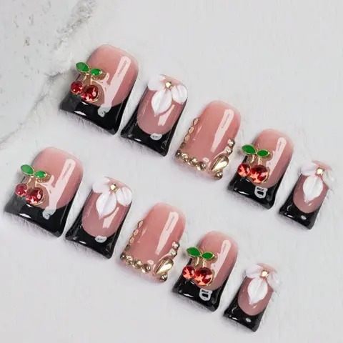 10pcs Y2K Black And Red Short Duckbill Press On Nails, Decorative Nails, 3D Flower Handmade Fake Nails, Shiny Cherry Decoration, Rhinestone Embellishment, Nail Art, Daily Nail Designs