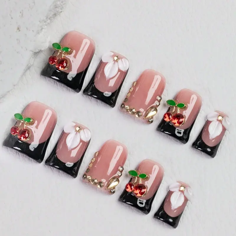 10pcs Y2K Black And Red Short Duckbill Press On Nails, Decorative Nails, 3D Flower Handmade Fake Nails, Shiny Cherry Decoration, Rhinestone Embellishment, Nail Art, Daily Nail Designs
