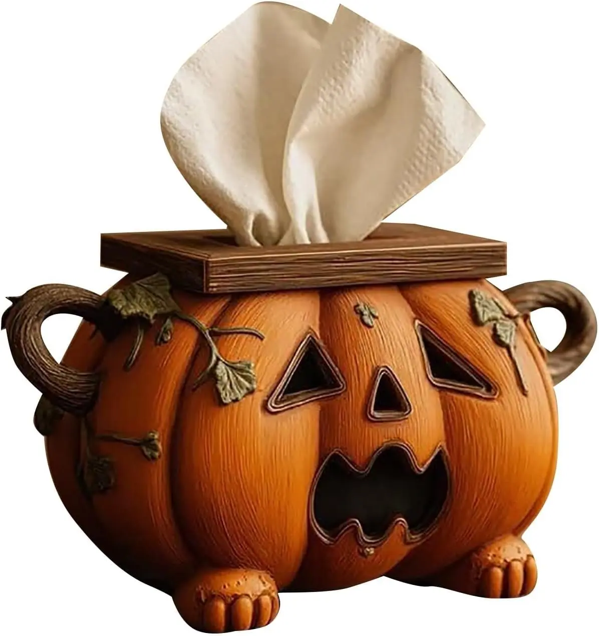 Halloween Pumpkin Tissue Box Holder Resin Vintage Carved Fruit Facial Paper Dispenser Cover, Decorative Spooky Autumn Holiday Organizer for Home Table Counter, Multi-Styles
