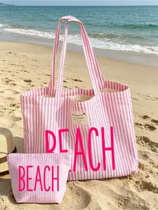 Beach-print retro pink-white striped canvas tote with matching zip pouch. Foldable, roomy and stylish. Waterproof and sandproof, perfect for beach, pool, daily use and gifting. Sturdy woven fabric, doubles as beach, shopping and travel bag.