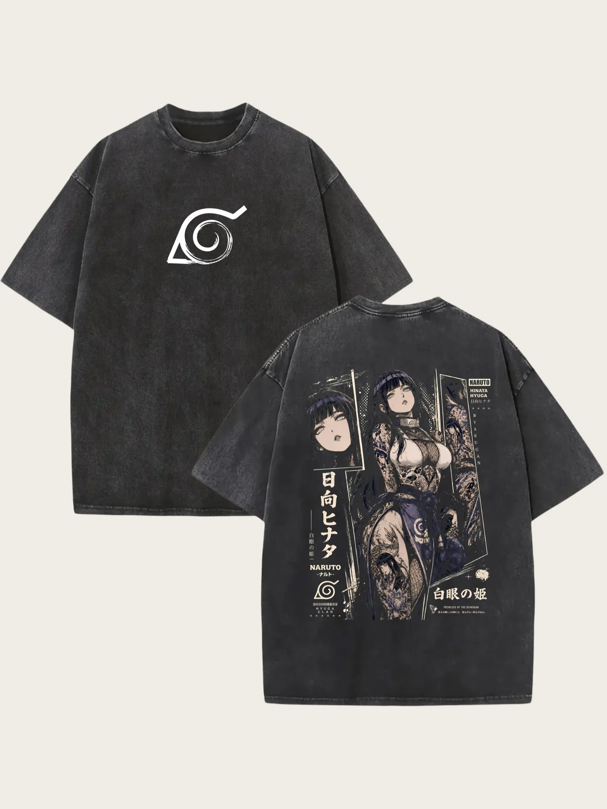 Graphic T-Shirt, Oversized Vintage Acid Wash Hinata Anime Double-Sided Top, 100% Cotton Unisex Streetwear, Tshirt, Shortsleeve, Graphic Tees, Breathable, Casual, Retro, Round Neck, Bold Statement, Print, Menswear, Hidden Leaf, Casual Fit, Line Dry