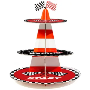 3-Tier Racing Traffic Cones Cupcake Stand for Race Car Birthday Party Decorations,Race Car Party Supplies, Paper Rounded Table Centerpiece for Cakes, Muffins, Macaroons Lightweight Ornaments