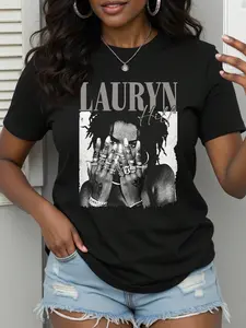 Women's Lauryn Hill Vintage Graphic Loose Fit T-Shirt Fabric, 90s Music Idol Print Casual Short Sleeve Top, for Casual Streetwear and Y2K Retro Fashion