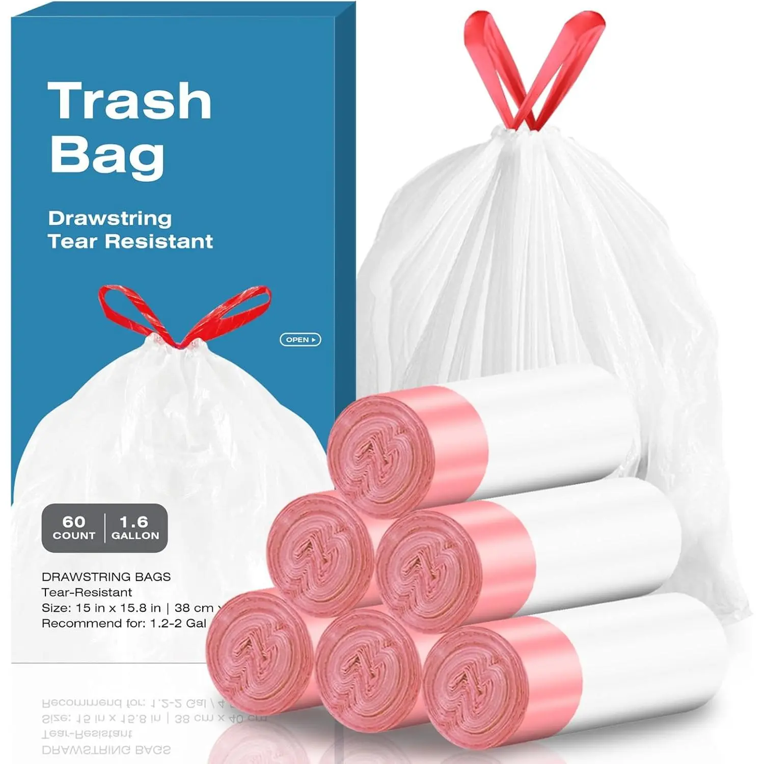 1.6 Gallon Drawstring Trash Bags - 60 Count White Small Garbage Bags, Unscented  Plastic  Basket Liners for Home/Office/, Fits 4.5-8 Liter Bins, 6 Rolls with -Free Design
