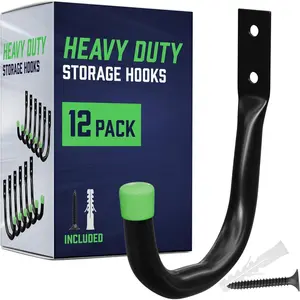 Heavy Duty Garage Storage Hooks | J-Hook Wall Mount Hangers with Screws | Utility Hooks for Tools, Ladders & Bikes - 12-Pack