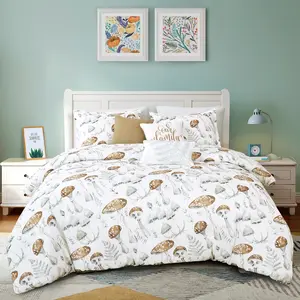 Charming 6-Piece Comforter Set – Soft Microfiber Bedding with Mushroom - Themed  Print Design, Includes 1 Comforter, 2 Shams, 3 Decorative Pillows – Queen & King/Cal-King Sizes -Cozy & Elegant Bedspread for All Seasons – Machine Washable